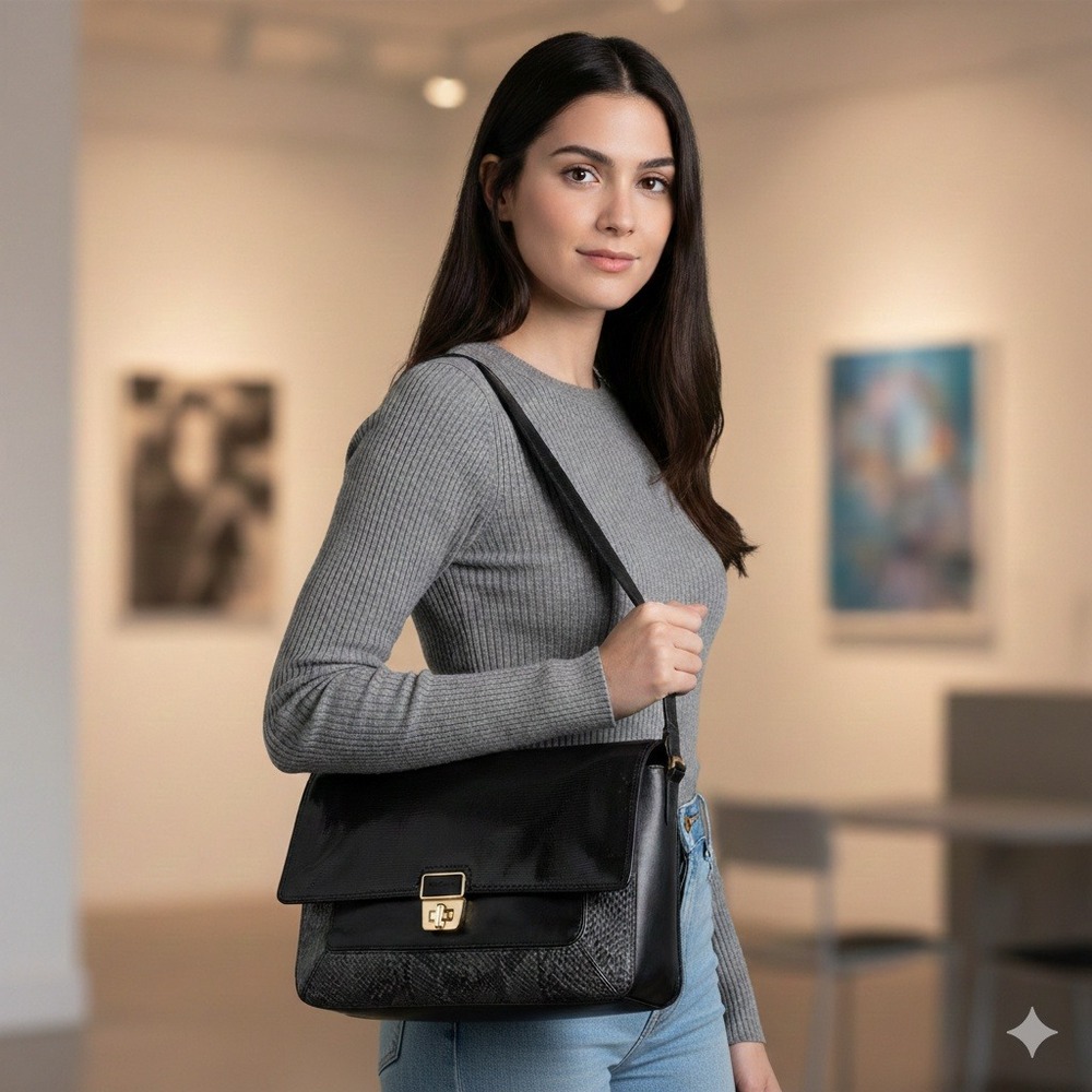 Cole Haan Black Textured Leather Flap Shoulder Bag Gold Buckle